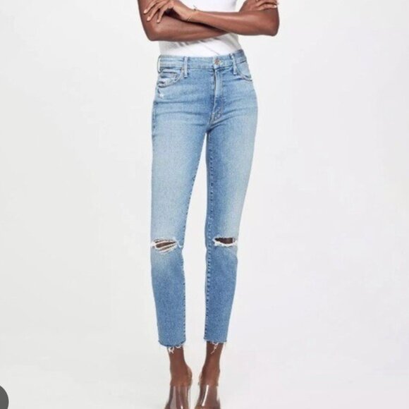 MOTHER Size 29 Blue Distressed High Waisted Looker Ankle Fray Jean - Picture 1 of 9